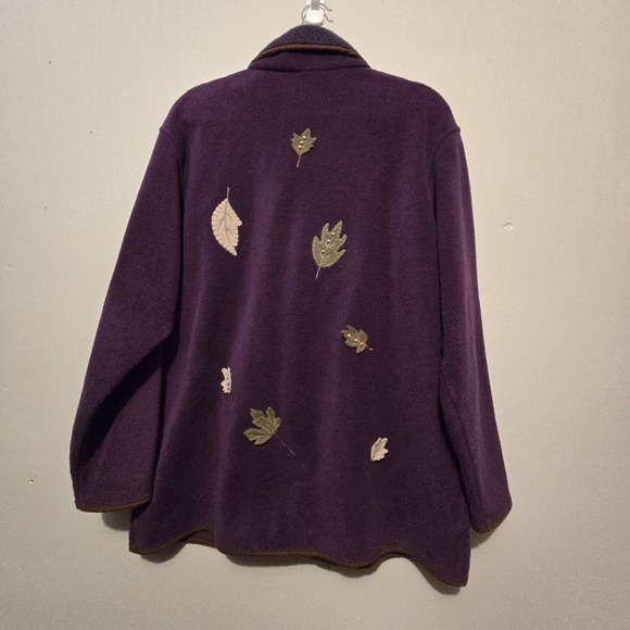 Vintage 90s Y2K Fleece Jacket Cardigan Womens LG Purple Embroidery Leaves Fall - Picture 10 of 11